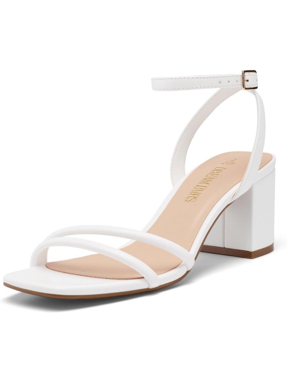 Women's White Pu Faux Leather Square-Toe Chunky Block Ankle Buckle Heeled Sandal